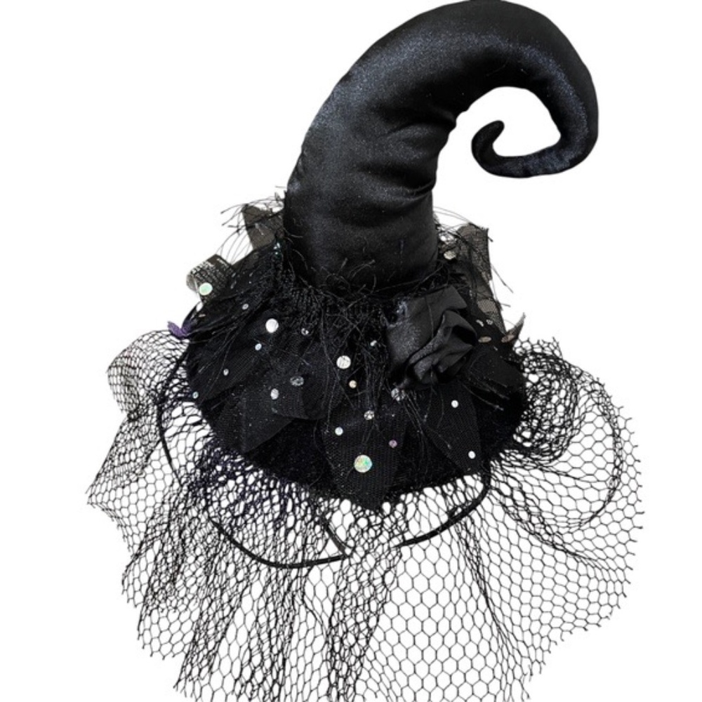 Black Witch Hat Fascinator Veil Embellished Halloween Costume Gothic NWOT